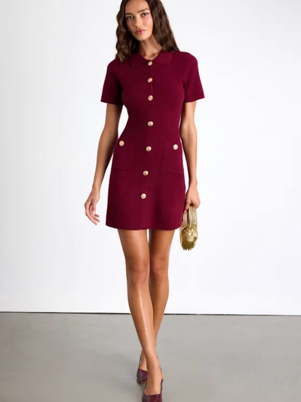 Lulu's Burgundy Short Button-Front Knit Dress